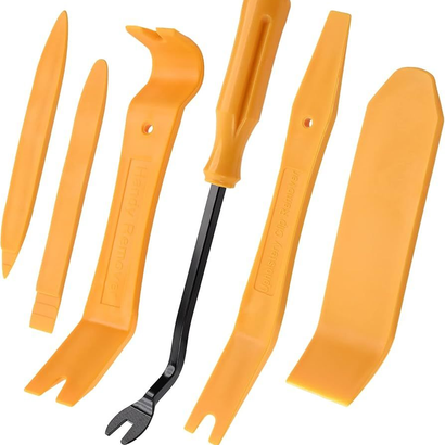 Genuscars auto trim tool kit featuring orange pry tools and a metal clip remover for safe disassembly of vehicle interior panels