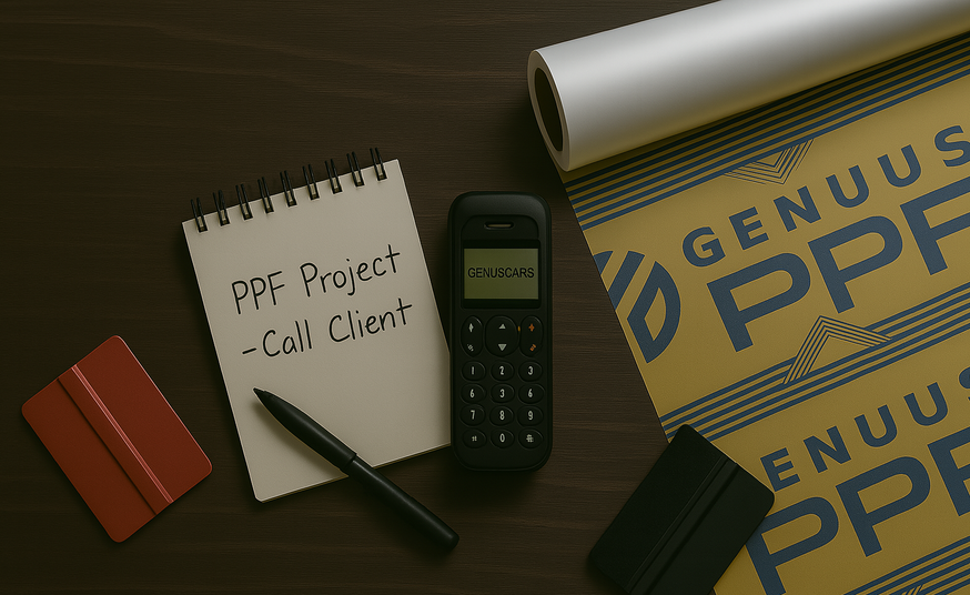 Genuscars workspace flat lay featuring a handwritten PPF project note, branded phone, spiral notebook, and project materials