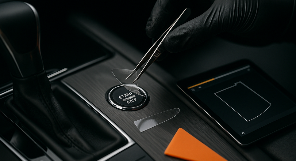 Genuscars technician installing clear protection film on car interior start stop button and center console