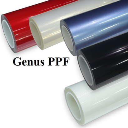 For rolls of Genus PPF protective film in blue, black, red and clear, vertically displayed with branding on a promotional GenusCars graphic