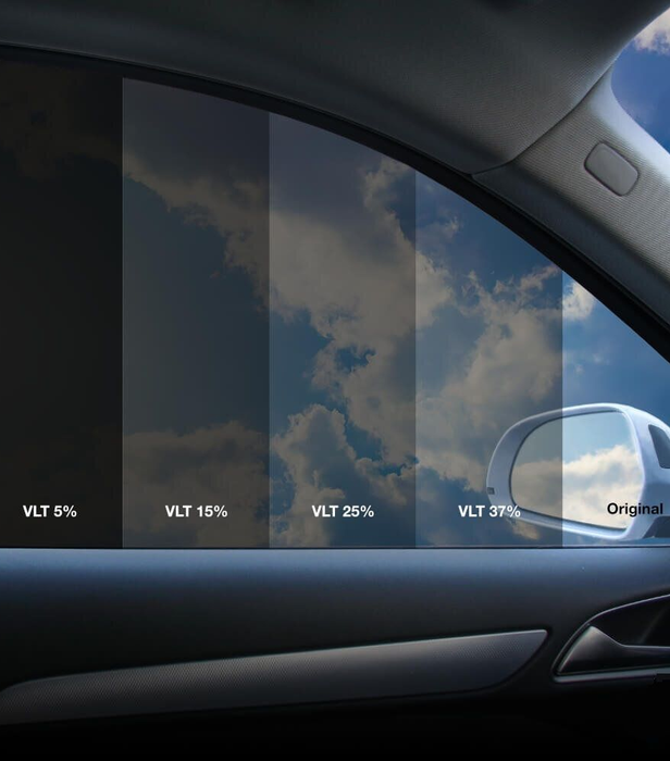 Genuscars windiw tint film VLT comparison showing 5 percent 15 percent 25 percent light transmission 