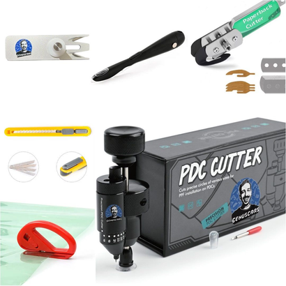 PDC cutting kit, utility knife and accessories displayed on a  white surface under the Genuscars brand