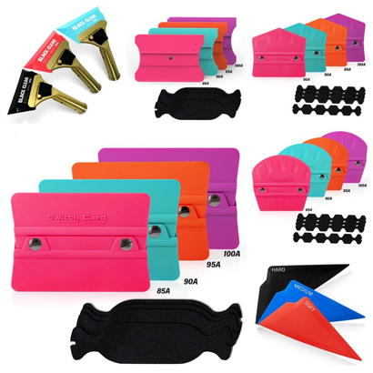 Assorted Genuscars squeegees in various shapes and colors, designed for vinyl wrapping and surface applications