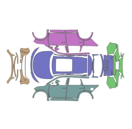 Genus cars diagram of car exterior body panels disassembled in various colors